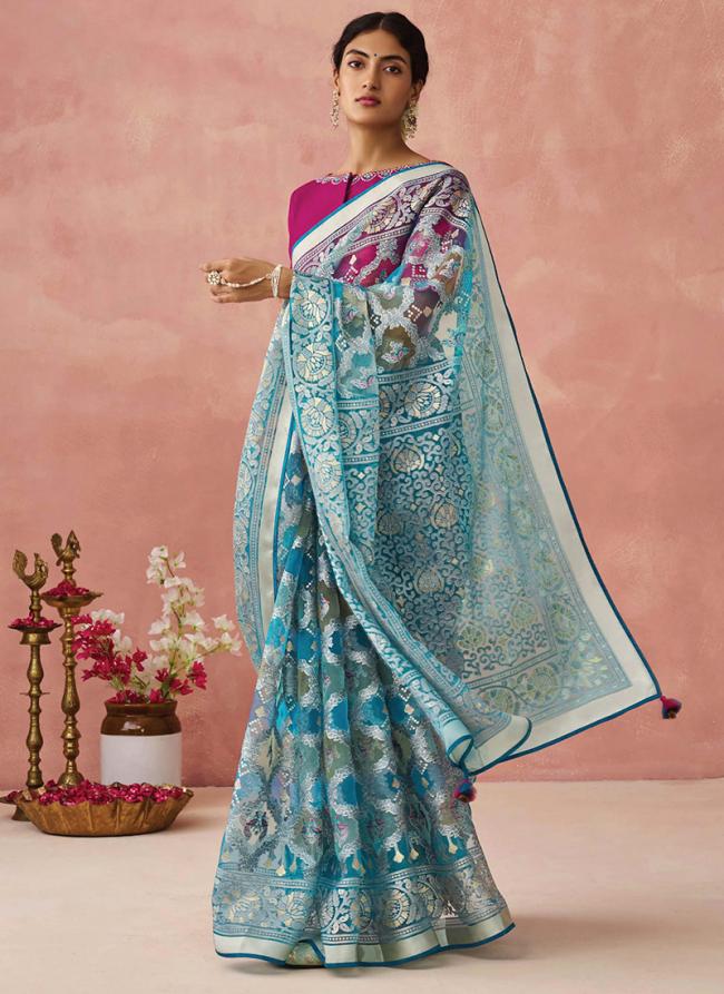 Brasso Sky Blue Festival Wear Printed Saree